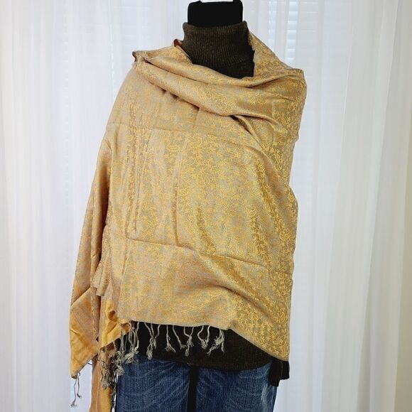 Gorgeous Fringesd Pashmina Orange and Taupe - Picture 4 of 4